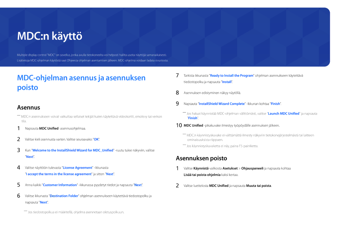 Samsung LH46UDDPUBB/EN manual MDCn käyttö, MDC-ohjelman asennus ja asennuksen poisto, Asennuksen poisto 