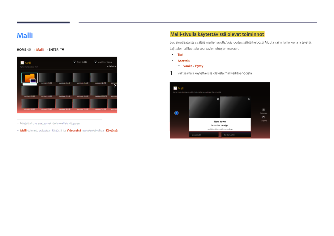 Samsung LH46UDDPUBB/EN manual Malli-sivulla käytettävissä olevat toiminnot, Home → Malli → Enter E, Tori, Asettelu 