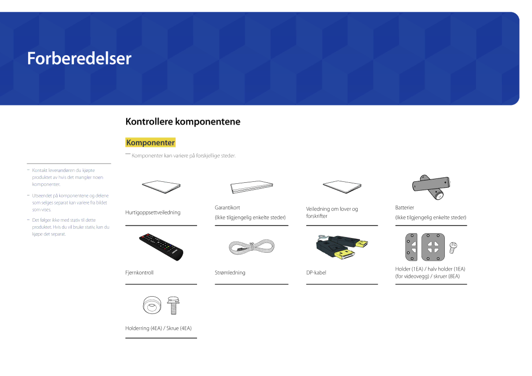 Samsung LH46UDDPUBB/EN manual Forberedelser, Kontrollere komponentene, Komponenter, Holderring 4EA / Skrue 4EA 