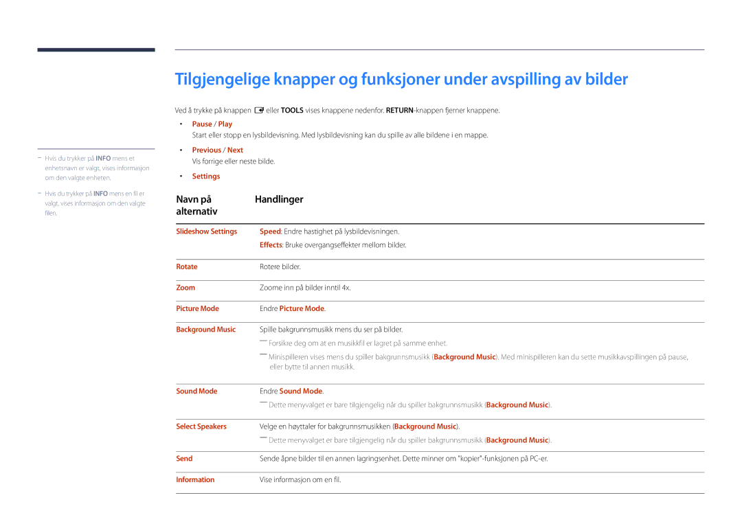 Samsung LH46UDDPUBB/EN manual Navn på Handlinger Alternativ 