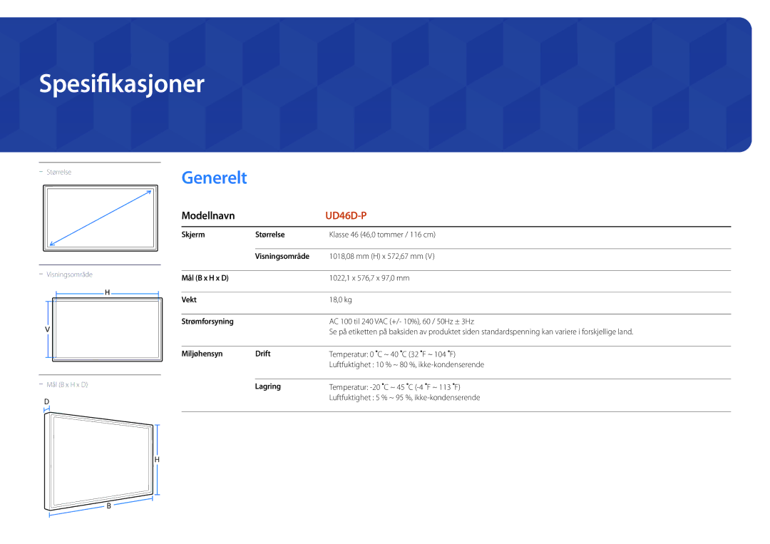 Samsung LH46UDDPUBB/EN manual Spesifikasjoner, Generelt 