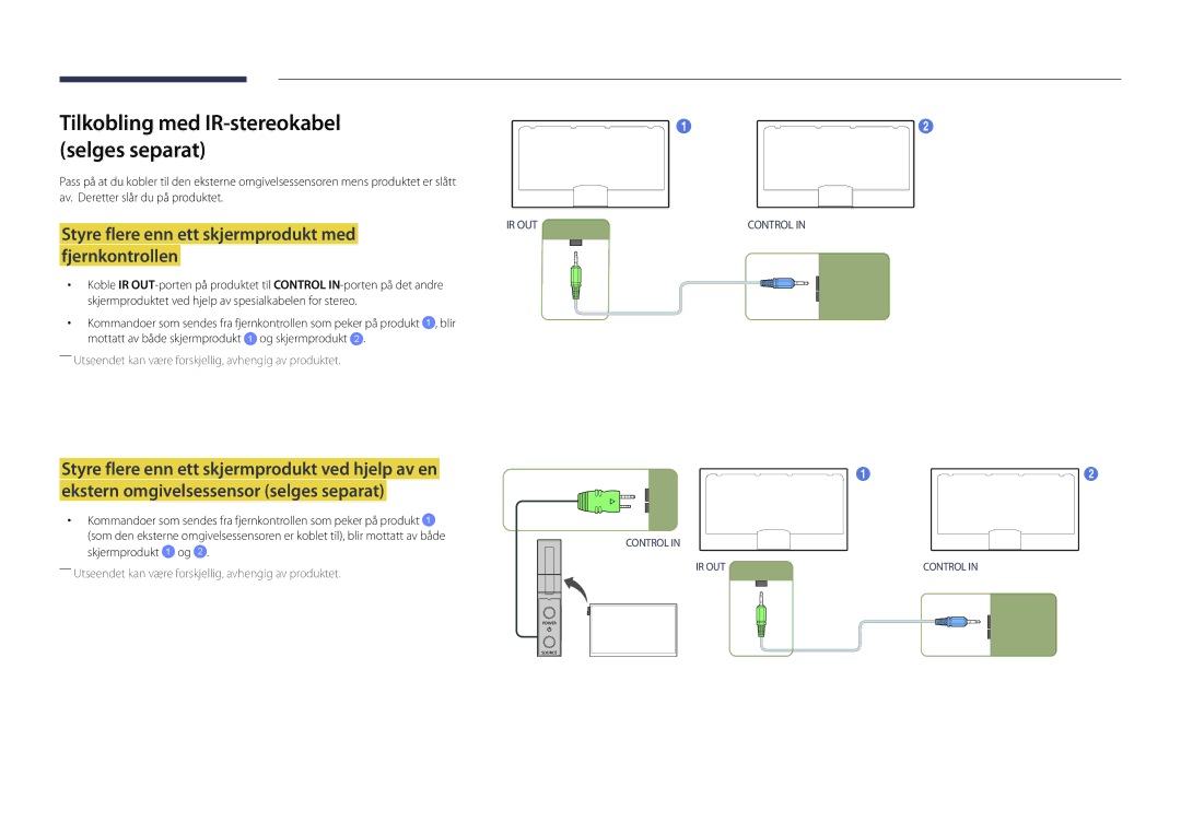 Samsung LH46UDDPUBB/EN Tilkobling med IR-stereokabel selges separat, Styre flere enn ett skjermprodukt med fjernkontrollen 