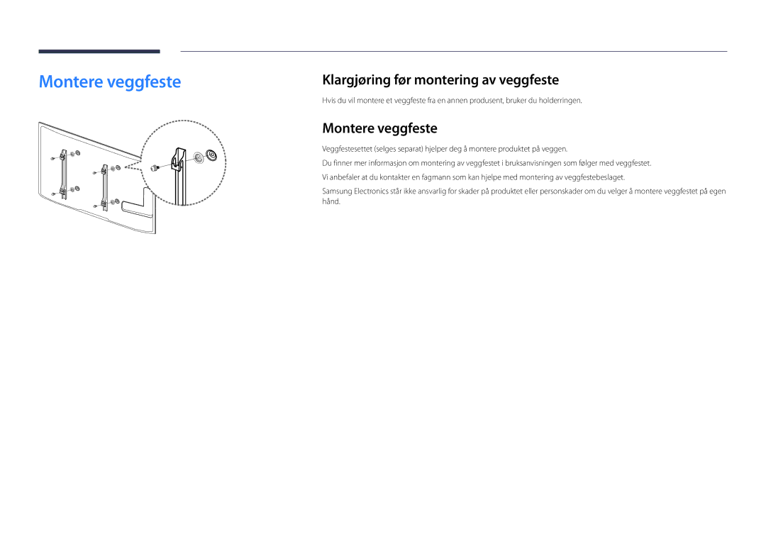 Samsung LH46UDDPUBB/EN manual Montere veggfeste, Klargjøring før montering av veggfeste 