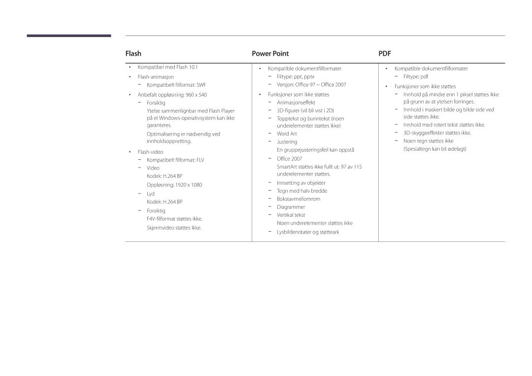 Samsung LH46UDDPUBB/EN manual Flash Power Point, Versjon Office 97 ~ Office, 3D-figurer vil bli vist i 2D, Vertikal tekst 