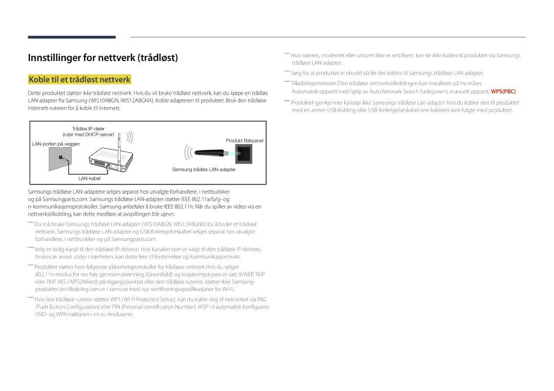 Samsung LH46UDDPUBB/EN manual Innstillinger for nettverk trådløst, Koble til et trådløst nettverk 