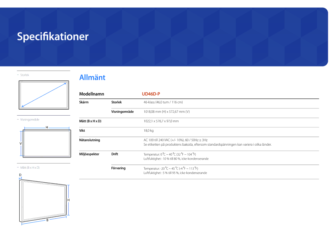 Samsung LH46UDDPUBB/EN manual Specifikationer 