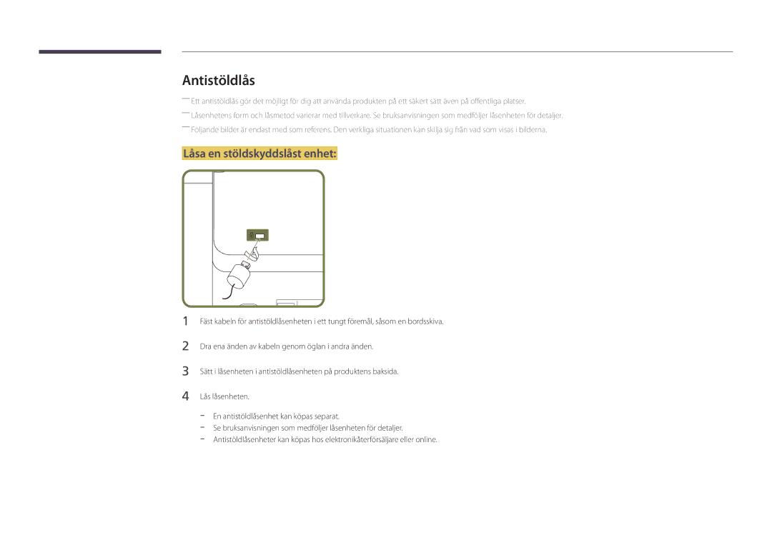 Samsung LH46UDDPUBB/EN manual Antistöldlås, Låsa en stöldskyddslåst enhet 