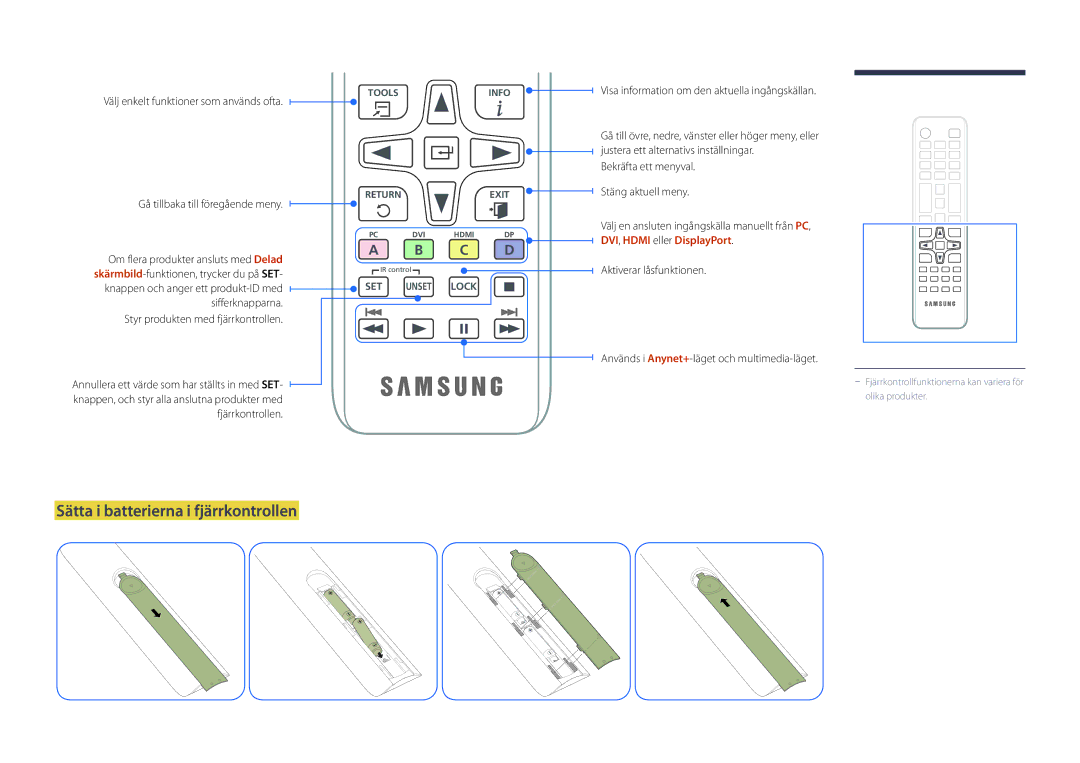 Samsung LH46UDDPUBB/EN manual Sätta i batterierna i fjärrkontrollen, Visa information om den aktuella ingångskällan 