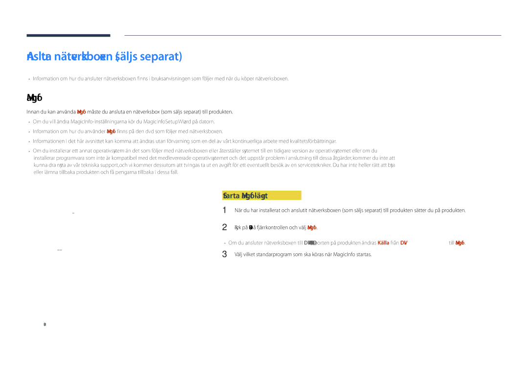 Samsung LH46UDDPUBB/EN manual Ansluta nätverksboxen säljs separat, Starta MagicInfo-läget 