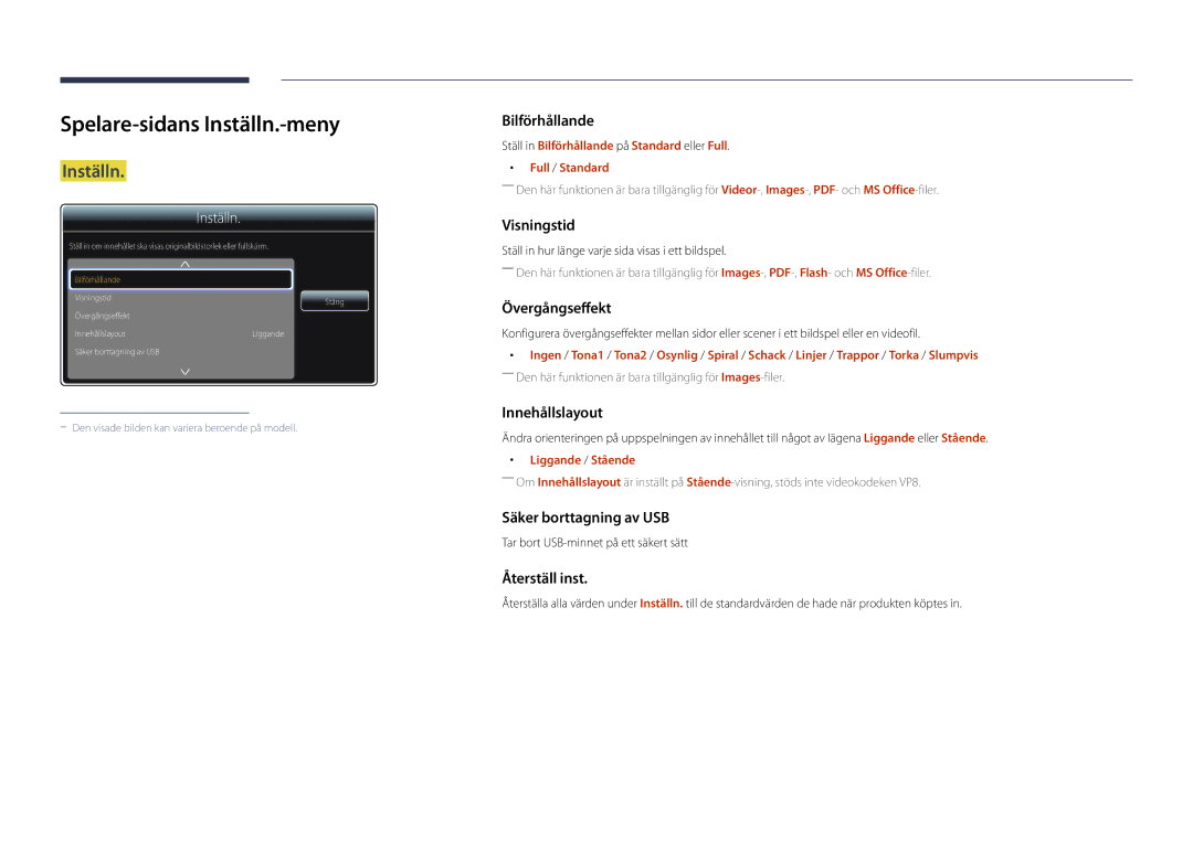 Samsung LH46UDDPUBB/EN manual Spelare-sidans Inställn.-meny, Liggande / Stående 