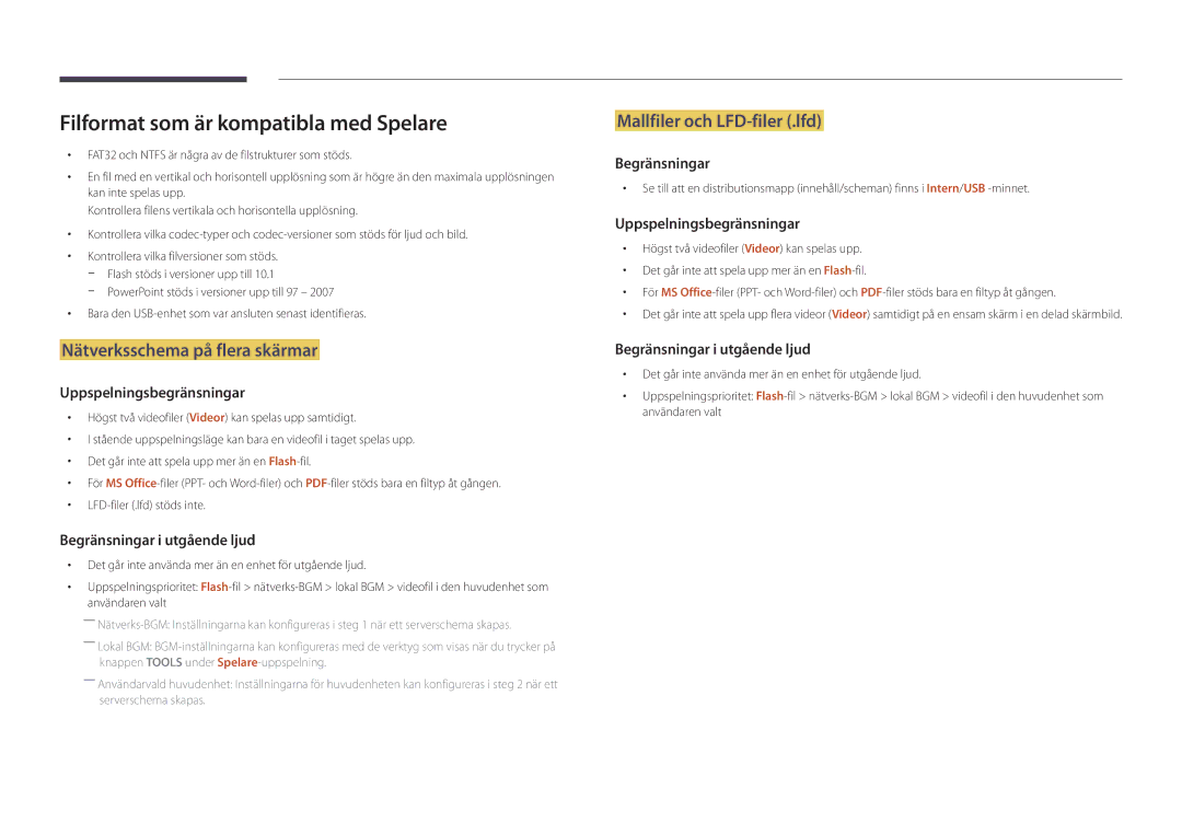 Samsung LH46UDDPUBB/EN manual Filformat som är kompatibla med Spelare, Nätverksschema på flera skärmar 