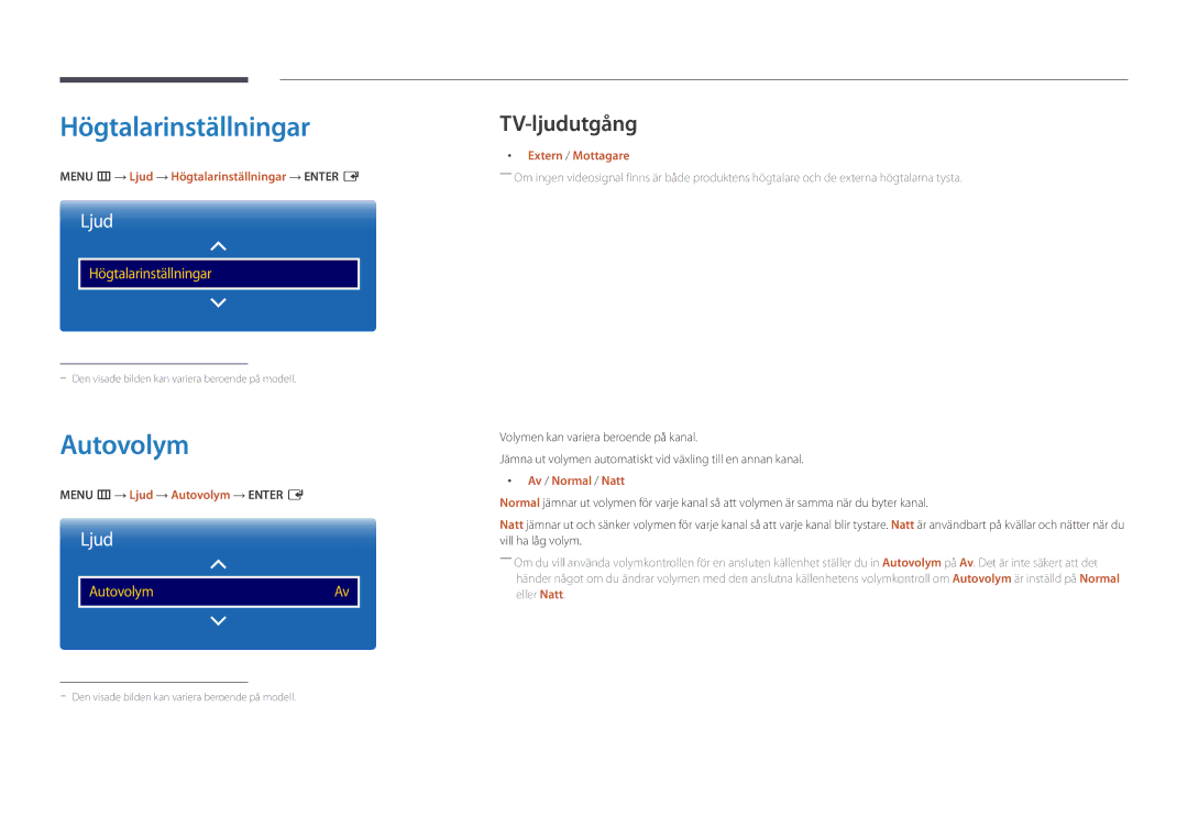 Samsung LH46UDDPUBB/EN manual Högtalarinställningar, Autovolym, TV-ljudutgång 