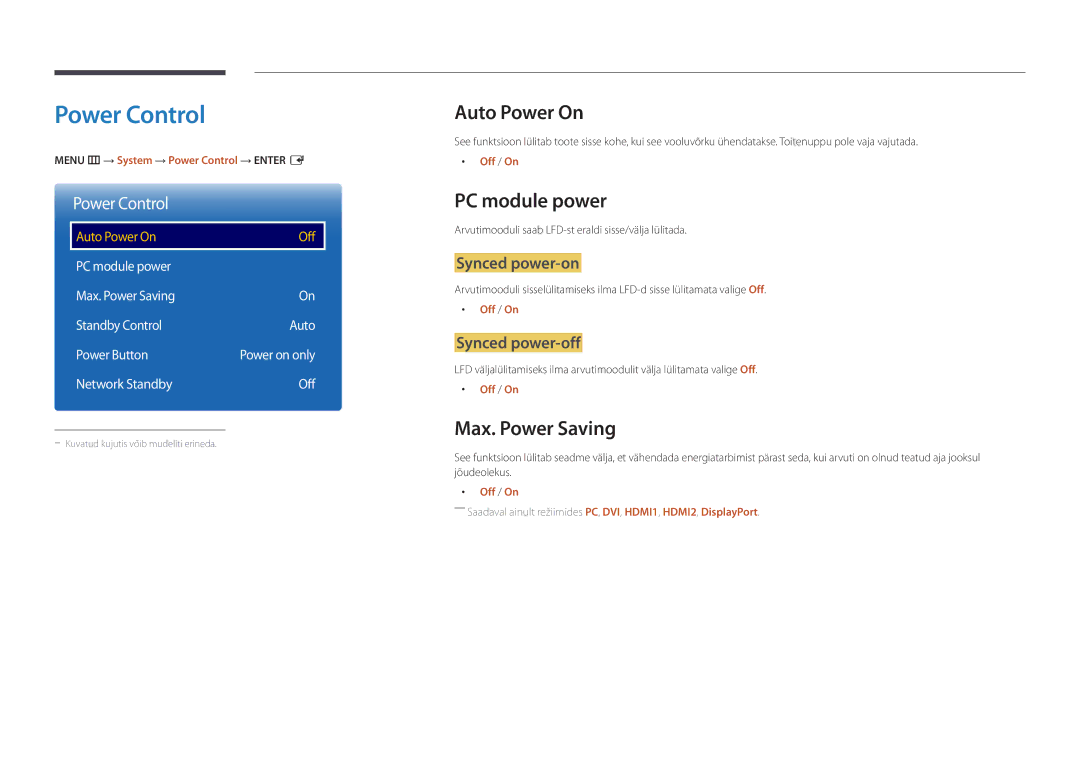 Samsung LH46UDDPUBB/EN manual Power Control, Auto Power On, PC module power, Max. Power Saving 