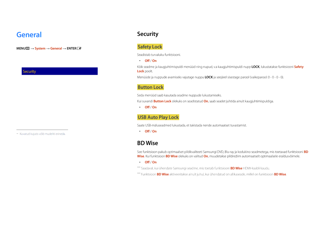 Samsung LH46UDDPUBB/EN manual General, Security, BD Wise 