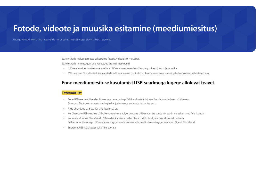 Samsung LH46UDDPUBB/EN manual Fotode, videote ja muusika esitamine meediumiesitus, Ettevaatust 