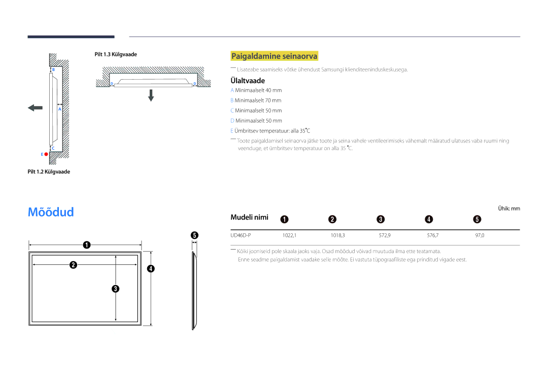 Samsung LH46UDDPUBB/EN manual Paigaldamine seinaorva, Ülaltvaade, Mudeli nimi, Pilt 1.2 Külgvaade Pilt 1.3 Külgvaade 