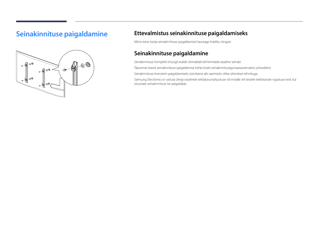 Samsung LH46UDDPUBB/EN manual Seinakinnituse paigaldamine, Ettevalmistus seinakinnituse paigaldamiseks 