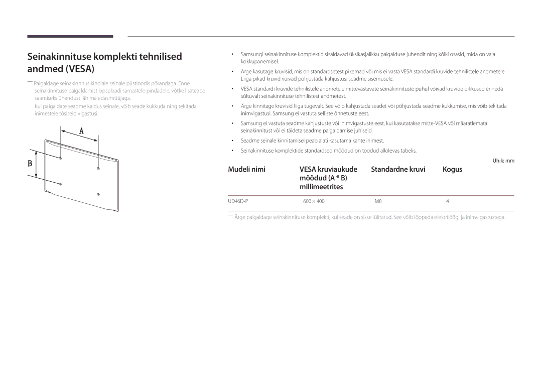 Samsung LH46UDDPUBB/EN manual Seinakinnituse komplekti tehnilised andmed Vesa, UD46D-P 600 × 