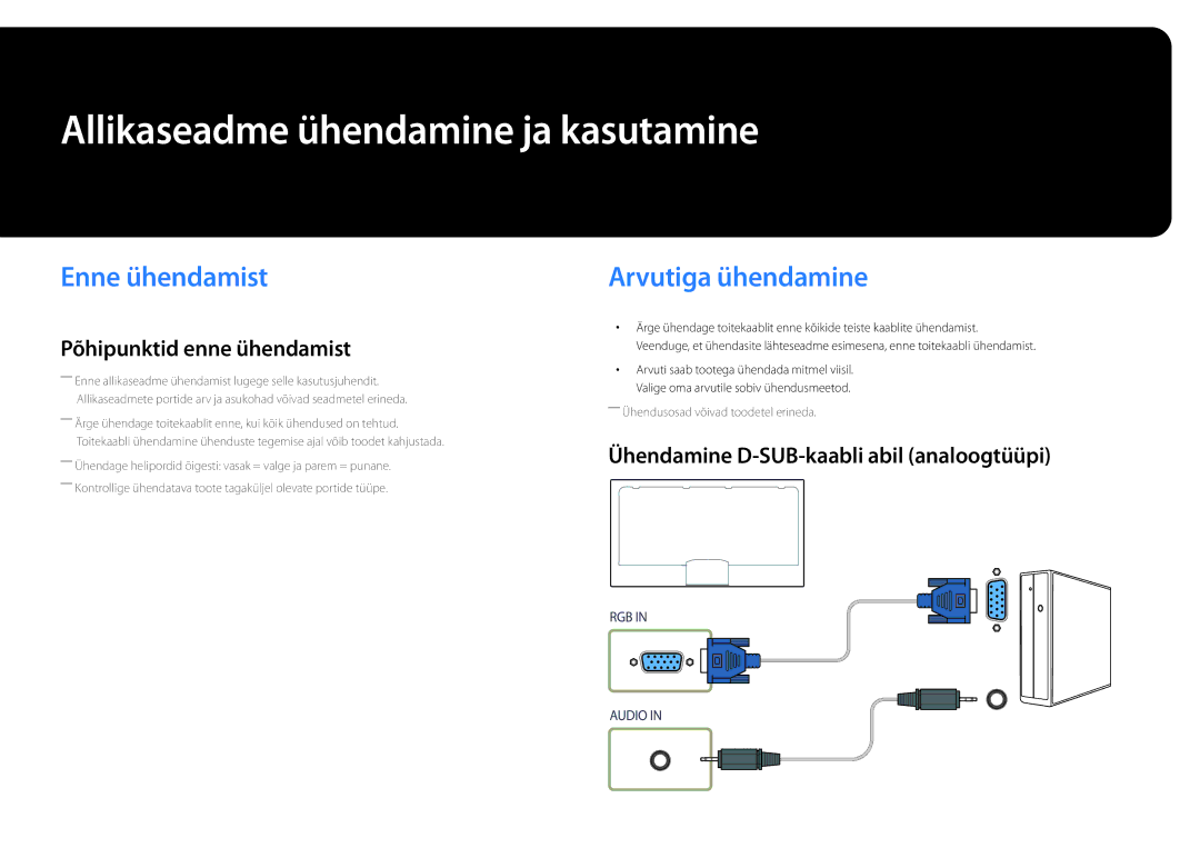 Samsung LH46UDDPUBB/EN manual Allikaseadme ühendamine ja kasutamine, Enne ühendamist, Arvutiga ühendamine 