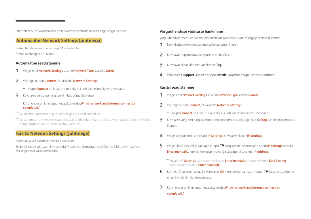 Samsung LH46UDDPUBB/EN manual Automaatne Network Settings juhtmega, Käsitsi Network Settings juhtmega, Completed 