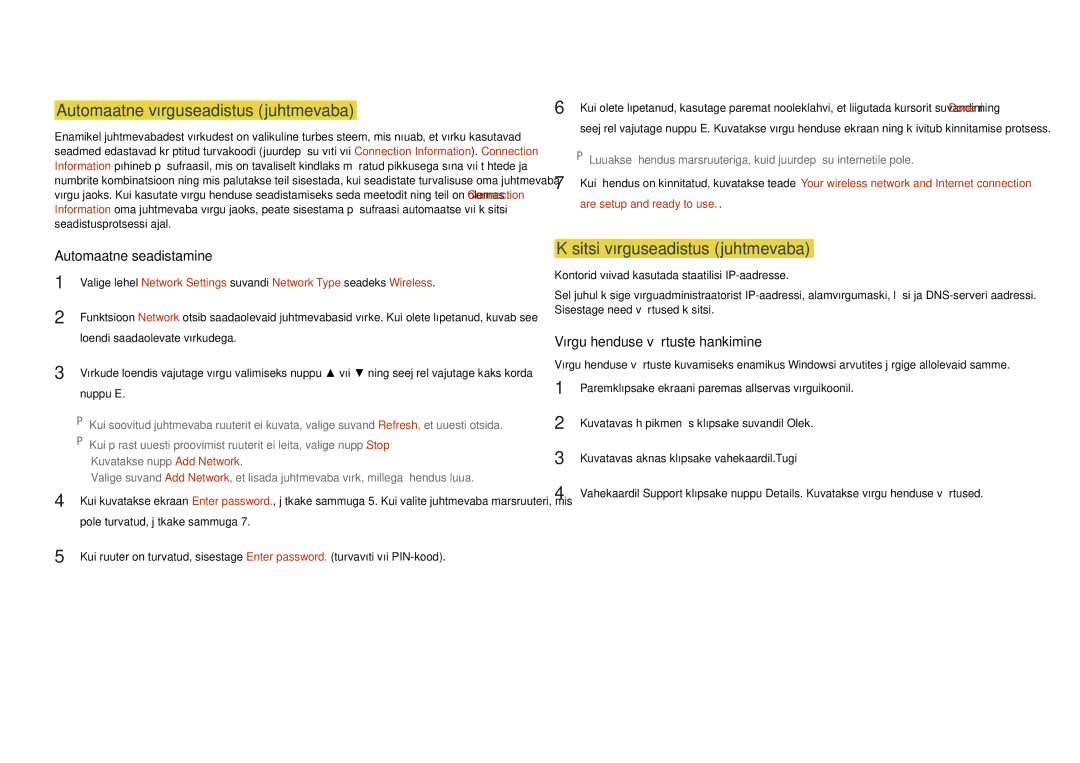 Samsung LH46UDDPUBB/EN manual Automaatne võrguseadistus juhtmevaba, Käsitsi võrguseadistus juhtmevaba, Nuppu E 