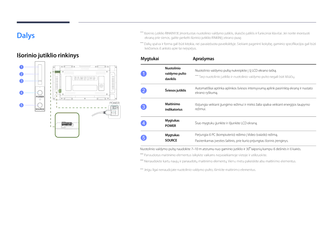 Samsung LH46UDDPUBB/EN manual Dalys, Išorinio jutiklio rinkinys, Mygtukai Aprašymas 