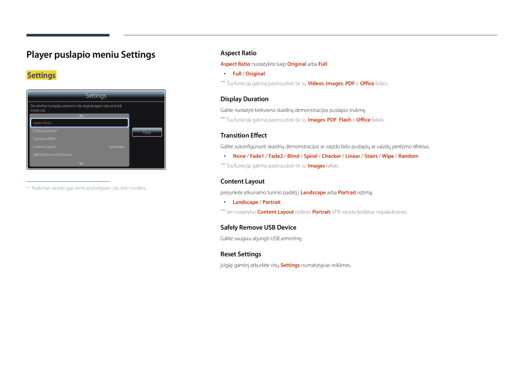 Samsung LH46UDDPUBB/EN manual Player puslapio meniu Settings, Landscape / Portrait, Galite saugiau atjungti USB atmintinę 