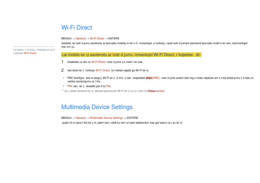 Samsung LH46UDDPUBB/EN manual Multimedia Device Settings, MENUm → Network → Wi-Fi Direct → Entere 