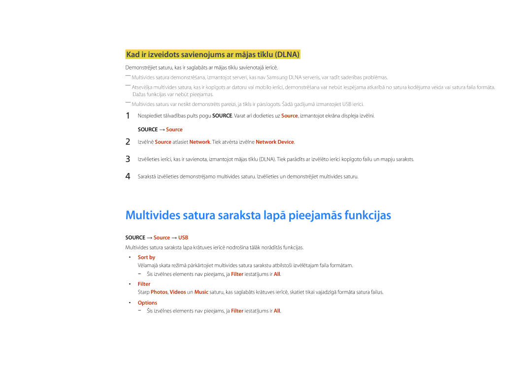 Samsung LH46UDDPUBB/EN manual Multivides satura saraksta lapā pieejamās funkcijas, Source → Source → USB, Filter 