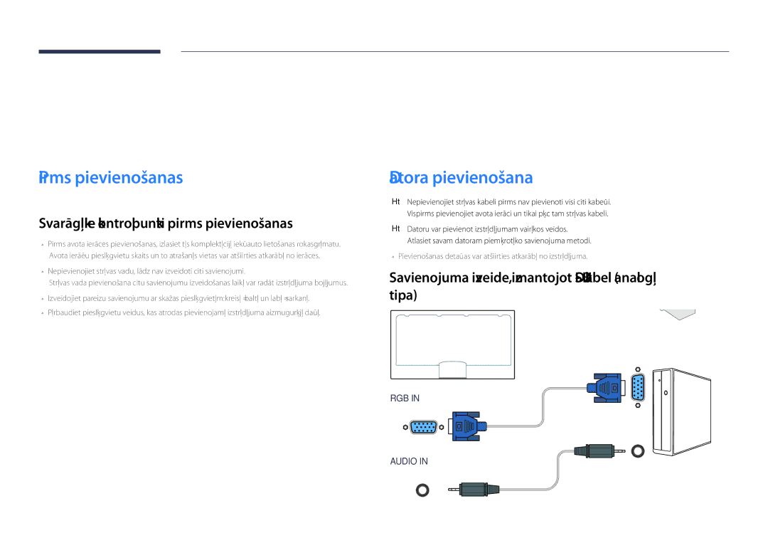 Samsung LH46UDDPUBB/EN manual Avota ierīces pievienošana un izmantošana, Pirms pievienošanas, Datora pievienošana 