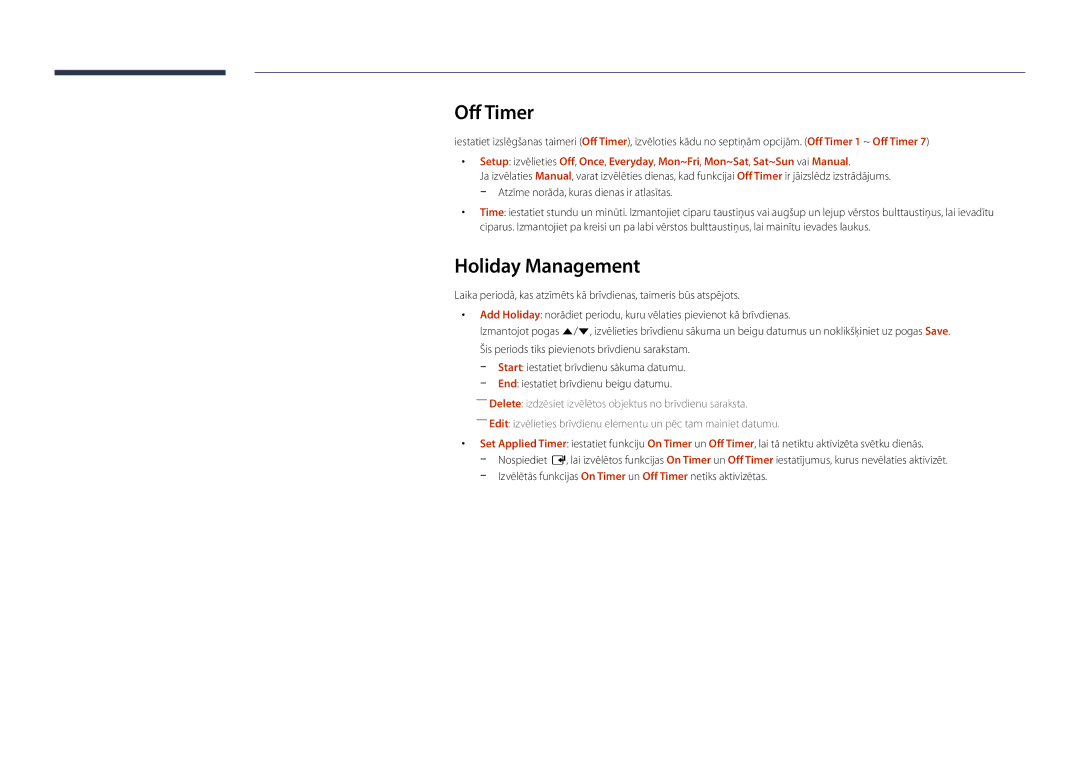 Samsung LH46UDDPUBB/EN manual Off Timer, Holiday Management 