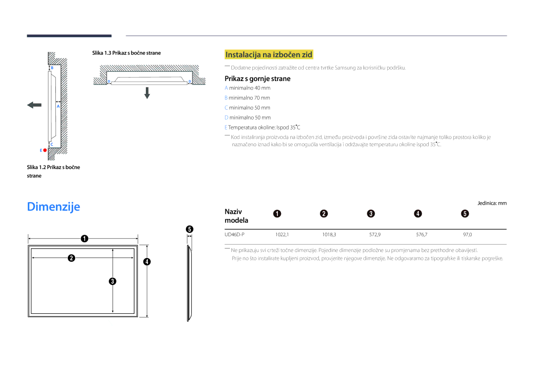 Samsung LH46UDDPUBB/EN manual Dimenzije, Instalacija na izbočen zid, Prikaz s gornje strane, Naziv Modela, Jedinica mm 