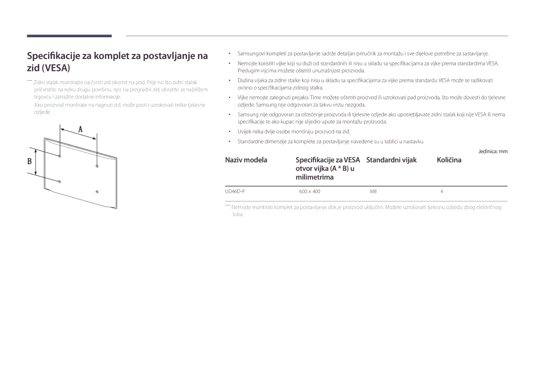 Samsung LH46UDDPUBB/EN manual Specifikacije za komplet za postavljanje na zid Vesa 