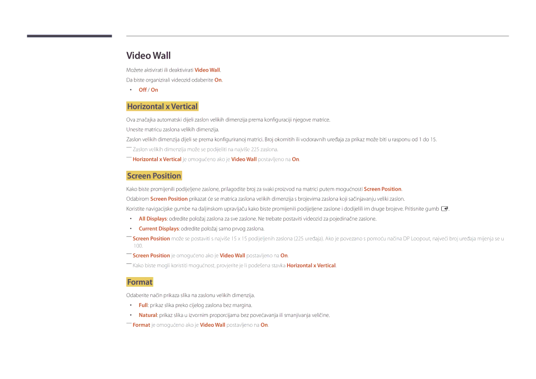 Samsung LH46UDDPUBB/EN manual Video Wall, Horizontal x Vertical, Screen Position, Format, Off / On 