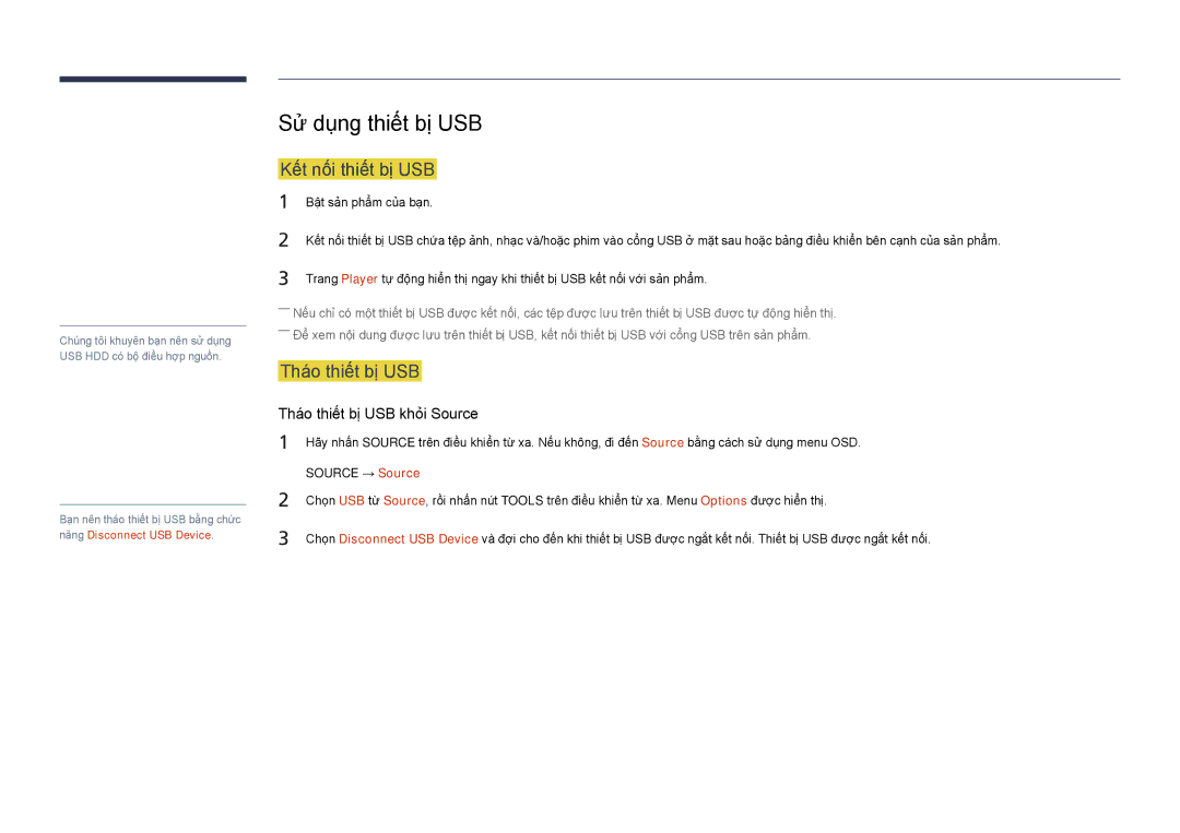 Samsung LH46UDDPUBB/XY manual Sử dụng thiết bị USB, Kết nối thiết bị USB, Tháo thiết bị USB 