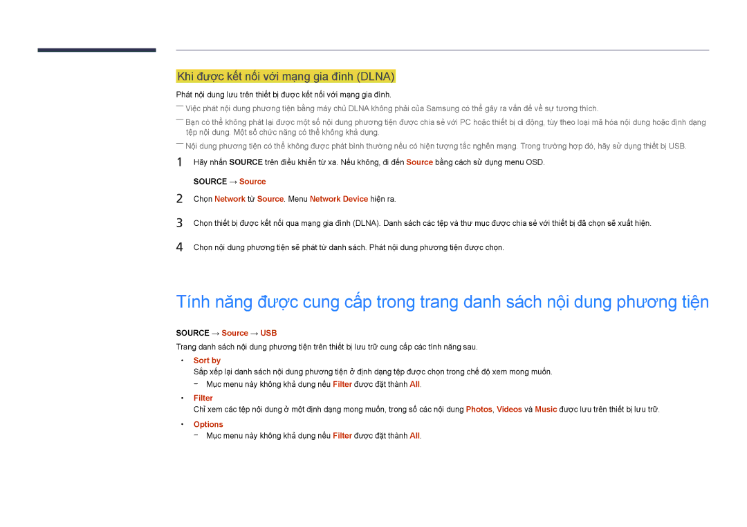 Samsung LH46UDDPUBB/XY manual Khi được kết nối với mạng gia đình Dlna, Source → Source → USB, Filter 