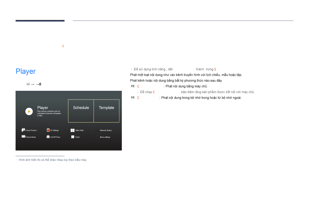 Samsung LH46UDDPUBB/XY manual Tính năng trên màn hình chính, Player, Schedule Template 