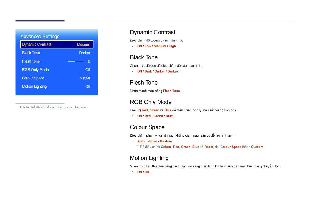 Samsung LH46UDDPUBB/XY manual Dynamic Contrast, Black Tone, Flesh Tone, RGB Only Mode, Colour Space, Motion Lighting 