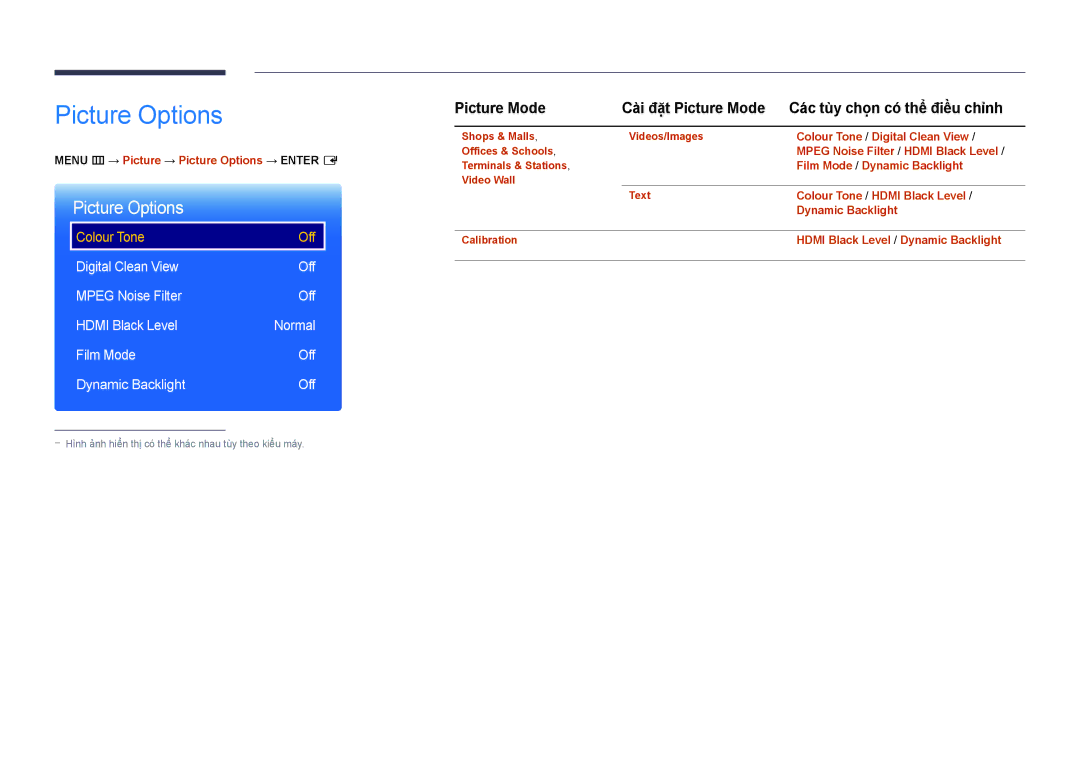 Samsung LH46UDDPUBB/XY manual Picture Options, Digital Clean View Off Mpeg Noise Filter Hdmi Black Level 