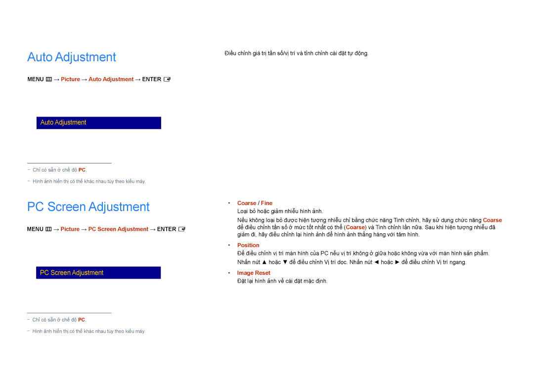 Samsung LH46UDDPUBB/XY manual Auto Adjustment, PC Screen Adjustment 