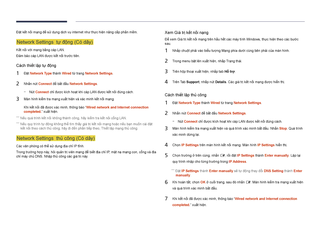 Samsung LH46UDDPUBB/XY manual Network Settings tự̣ động Có́ dây, Network Settings thủ̉ công Có́ dây, Manually 
