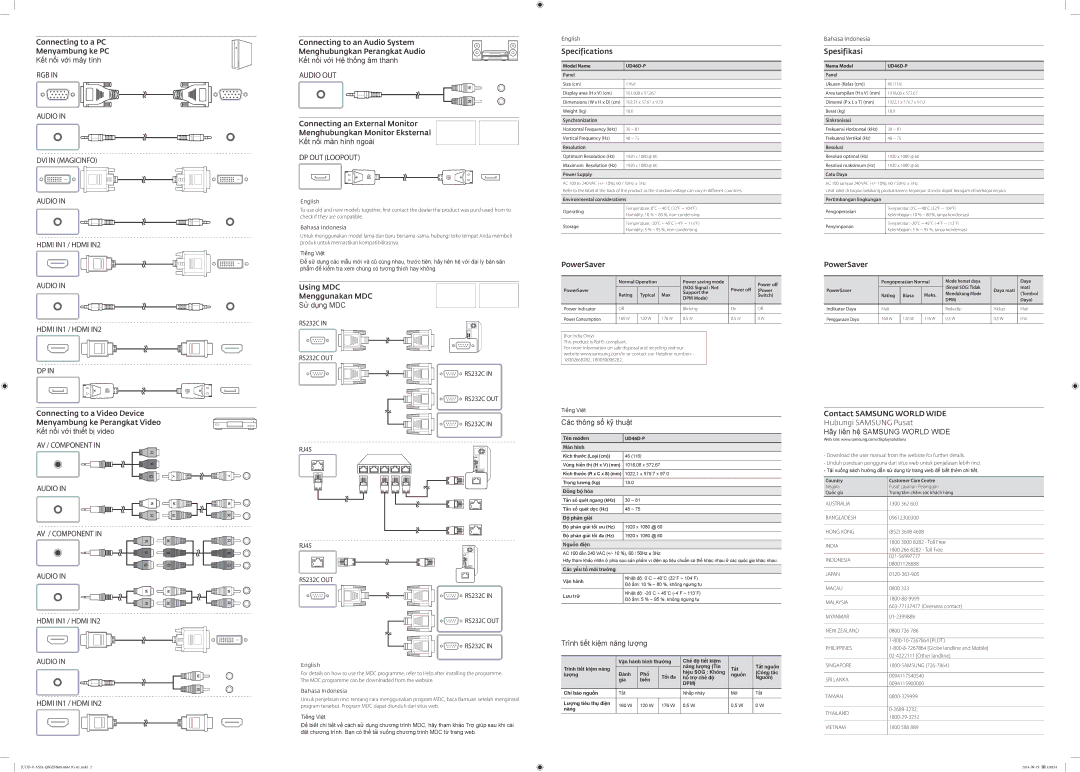 Samsung LH46UDDPUBB/XY Connecting to a PC Menyambung ke PC Kết nối với máy tính, Using MDC Menggunakan MDC Sử dụng MDC 