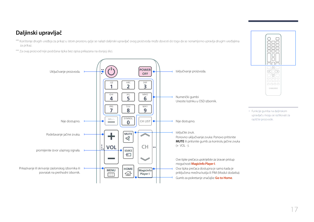 Samsung LH55UDEHLBB/EN, LH46UDEBLBB/EN, LH55UDEBLBB/EN manual Daljinski upravljač, Gumb za pokretanje značajke Go to Home 