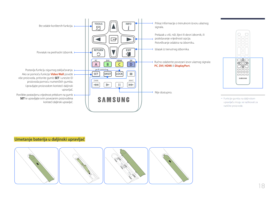 Samsung LH55UDEBLBB/EN, LH46UDEBLBB/EN manual Umetanje baterija u daljinski upravljač, Brz odabir korištenih funkcija 