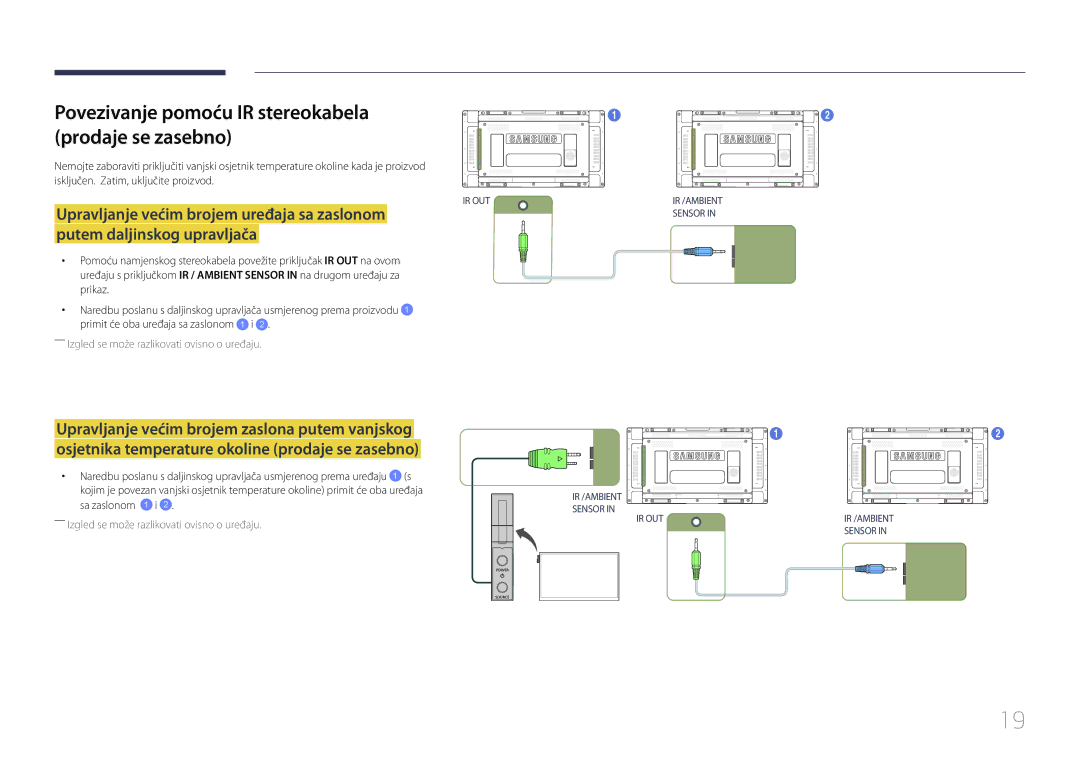 Samsung LH46UDECLBB/EN Povezivanje pomoću IR stereokabela Prodaje se zasebno, Upravljanje većim brojem uređaja sa zaslonom 