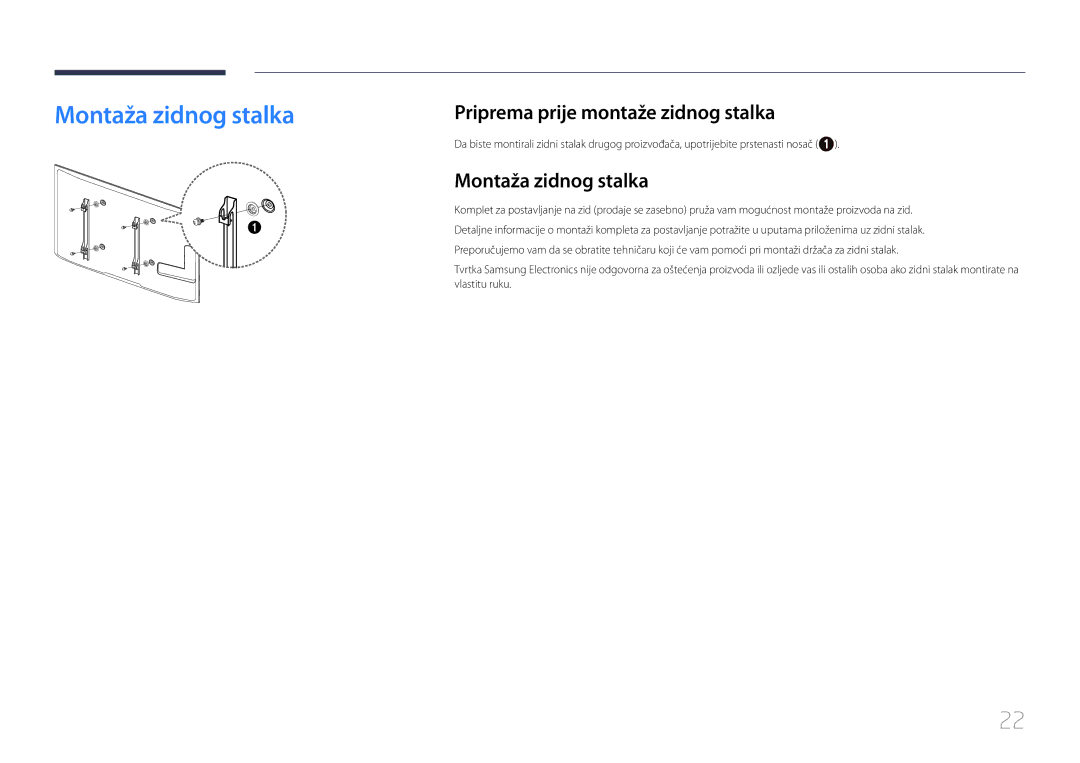 Samsung LH55UDEBLBB/EN, LH46UDEBLBB/EN, LH55UDEHLBB/EN manual Montaža zidnog stalka, Priprema prije montaže zidnog stalka 