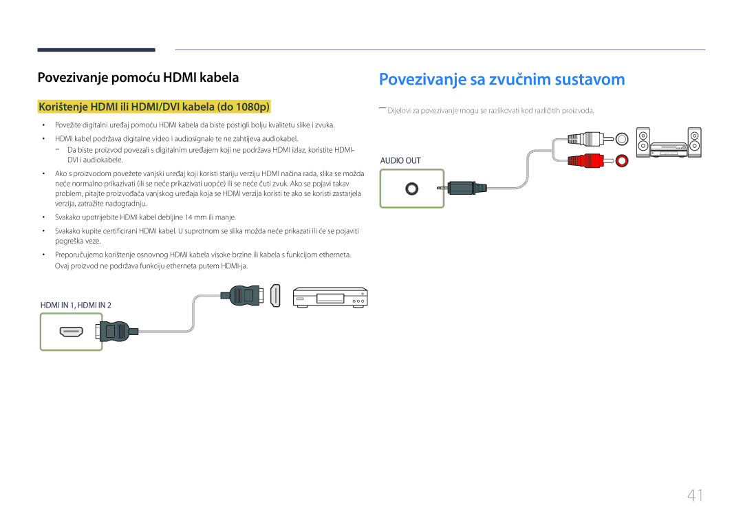 Samsung LH55UDEHLBB/EN, LH46UDEBLBB/EN manual Povezivanje sa zvučnim sustavom, Korištenje Hdmi ili HDMI/DVI kabela do 1080p 