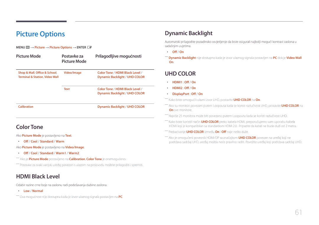 Samsung LH55UDEHLBB/EN, LH46UDEBLBB/EN, LH55UDEBLBB/EN Picture Options, Color Tone, Hdmi Black Level, Dynamic Backlight 