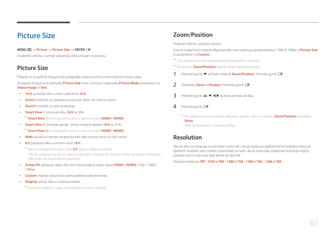 Samsung LH55UDEBLBB/EN, LH46UDEBLBB/EN manual Zoom/Position, Resolution, Menu m → Picture → Picture Size → Enter E 