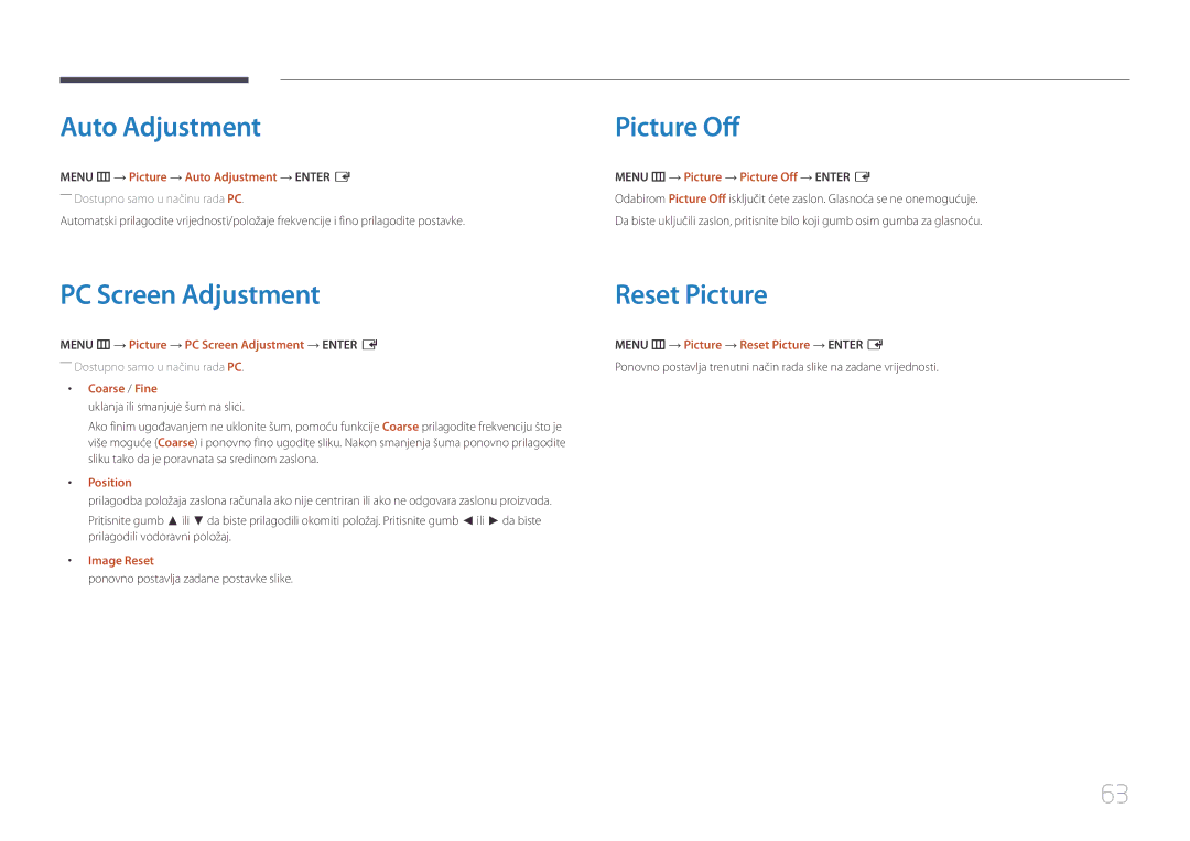 Samsung LH46UDECLBB/EN, LH46UDEBLBB/EN, LH55UDEHLBB/EN Auto Adjustment, Picture Off, PC Screen Adjustment Reset Picture 